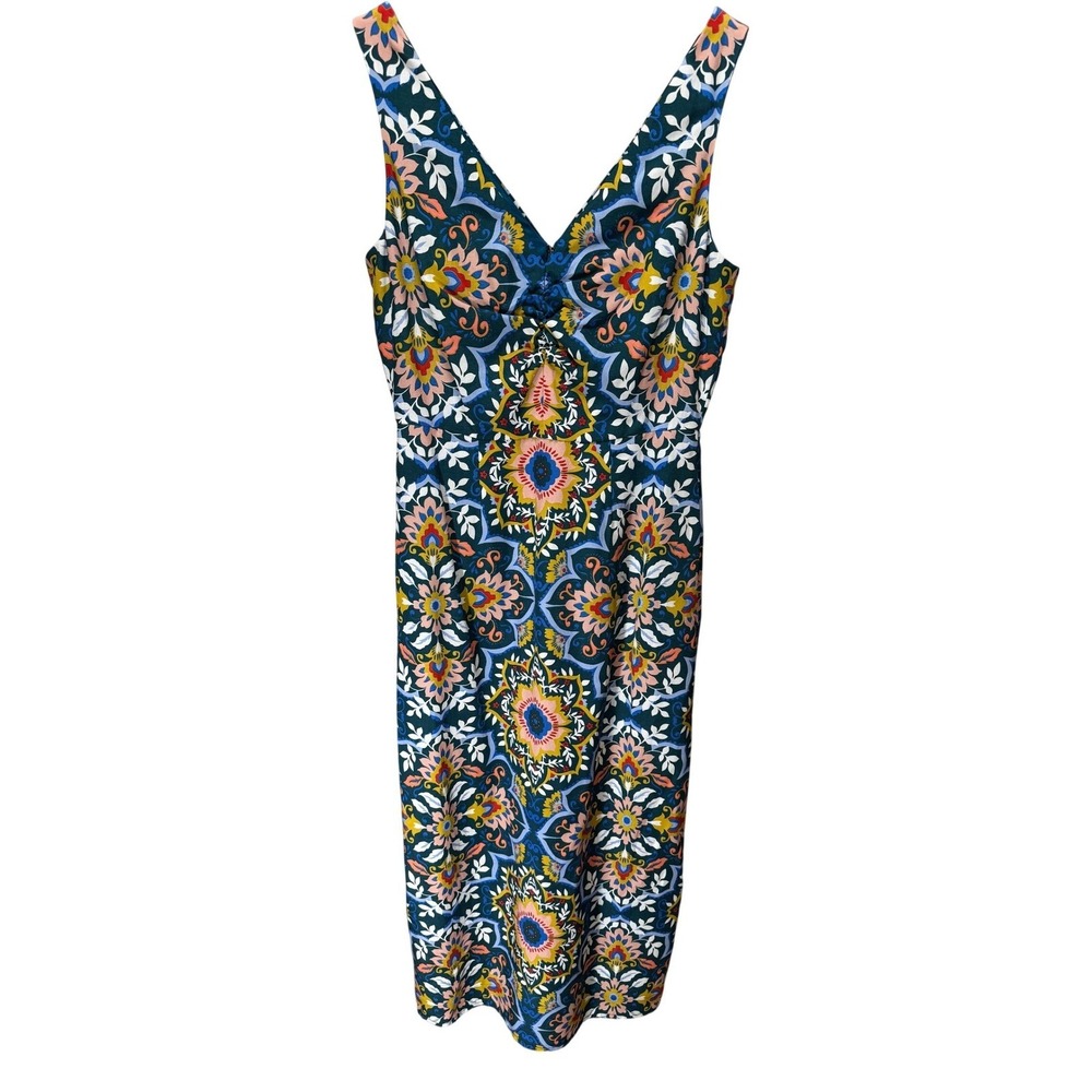 Boden Midi Dress Womens 2R Teal Floral V-Neck Lyocell Linen Sleeveless Coastal